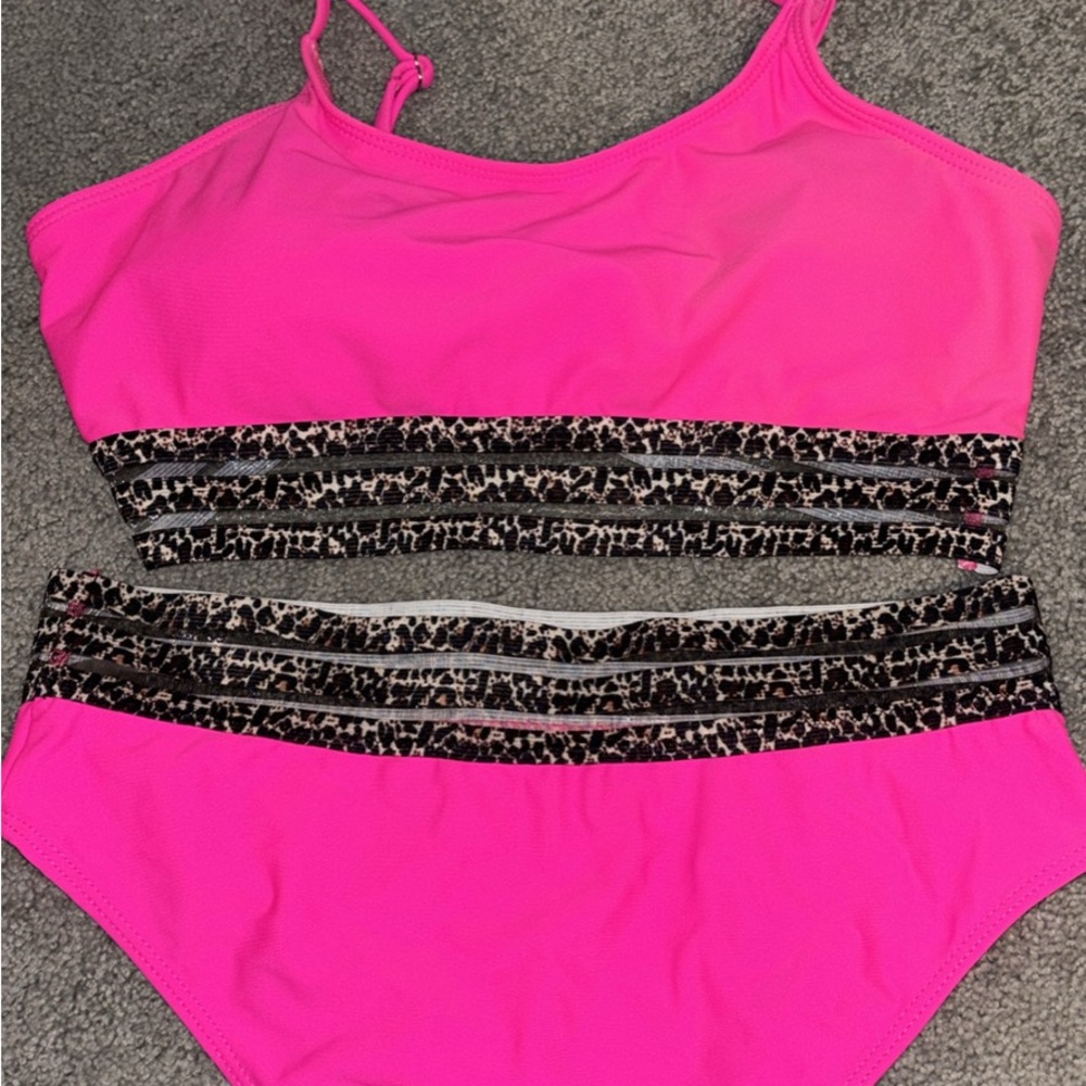 Hot Pink Two-Piece Bikini with Leopard Trim